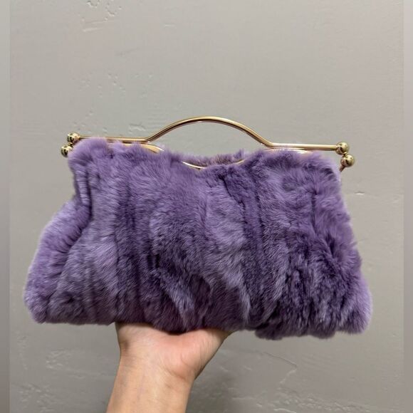 Lilac Handmade Real Rex Rabbit Fur Double Kisslock & Top Handle Purse/Crossbody - Picture 8 of 16